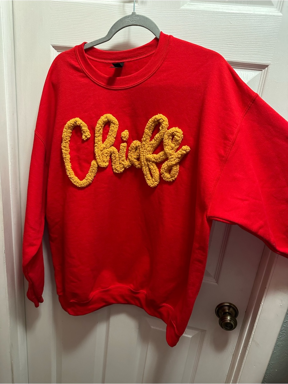 Gildan Custom Kansas City Chiefs Red Sweatshirt with Yellow Chenille Script